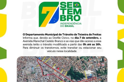 Trânsito será alterado em Teixeira de Freitas durante o Desfile Cívico de 7 de Setembro