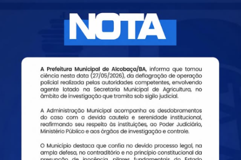 A Prefeitura de Alcobaça emitiu nota informando que acompanha os desdobramentos do caso envolvendo o Secretário de Agricultura e Desenvolvimento Econômico, Rubens Lene Rodrigues Farias.